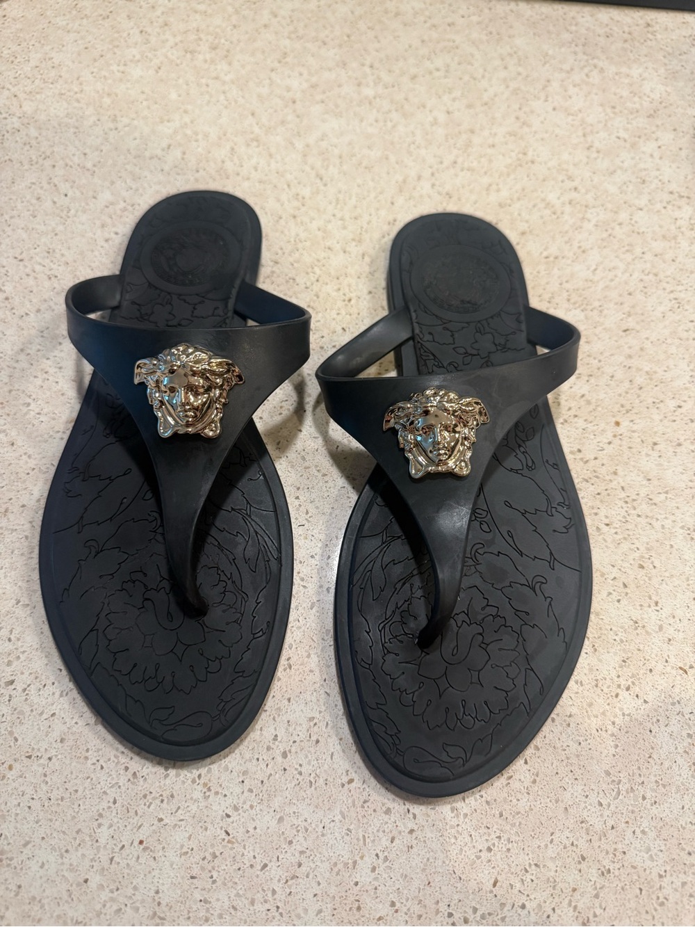 Versace Black Thong Sandals with Gold Medusa Emblem New
